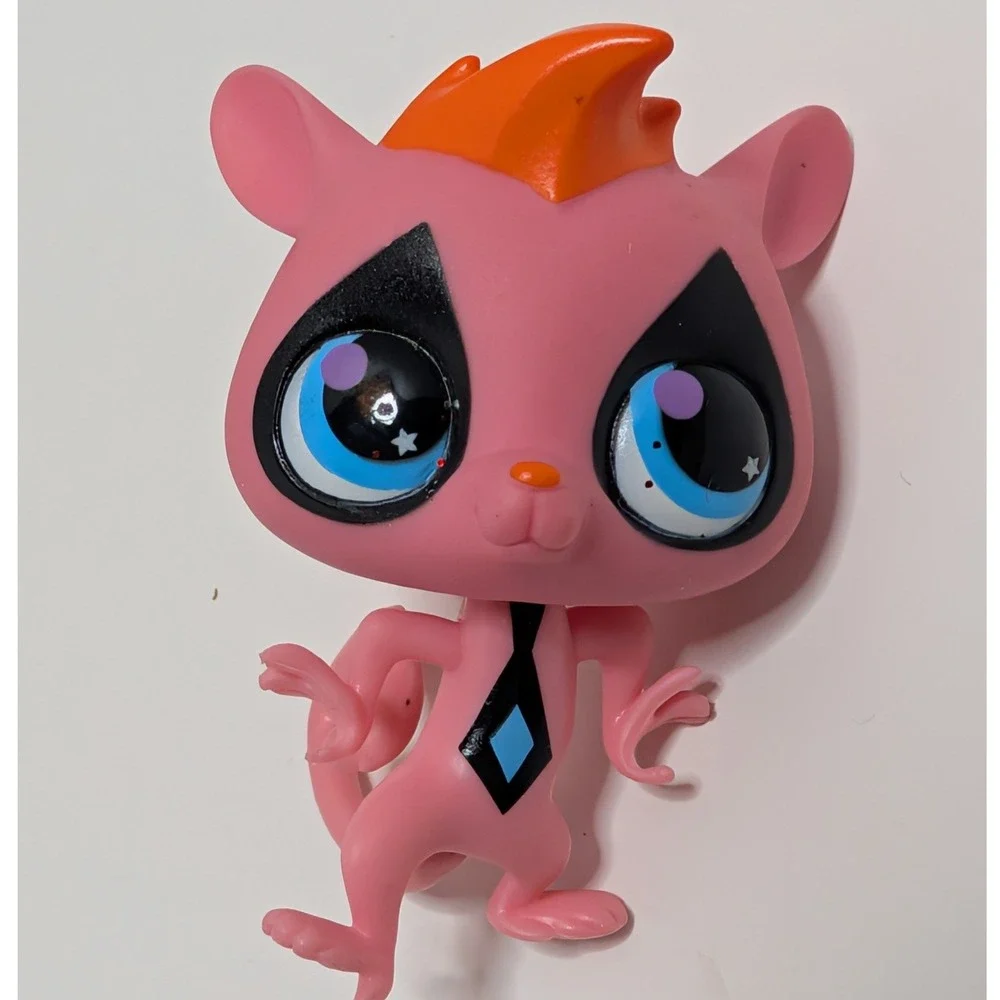 Vtg LPS Littlest Pet Shop Pink Lemur #2847 Orange Mohawk Tie Blue Eyes‎ Figure